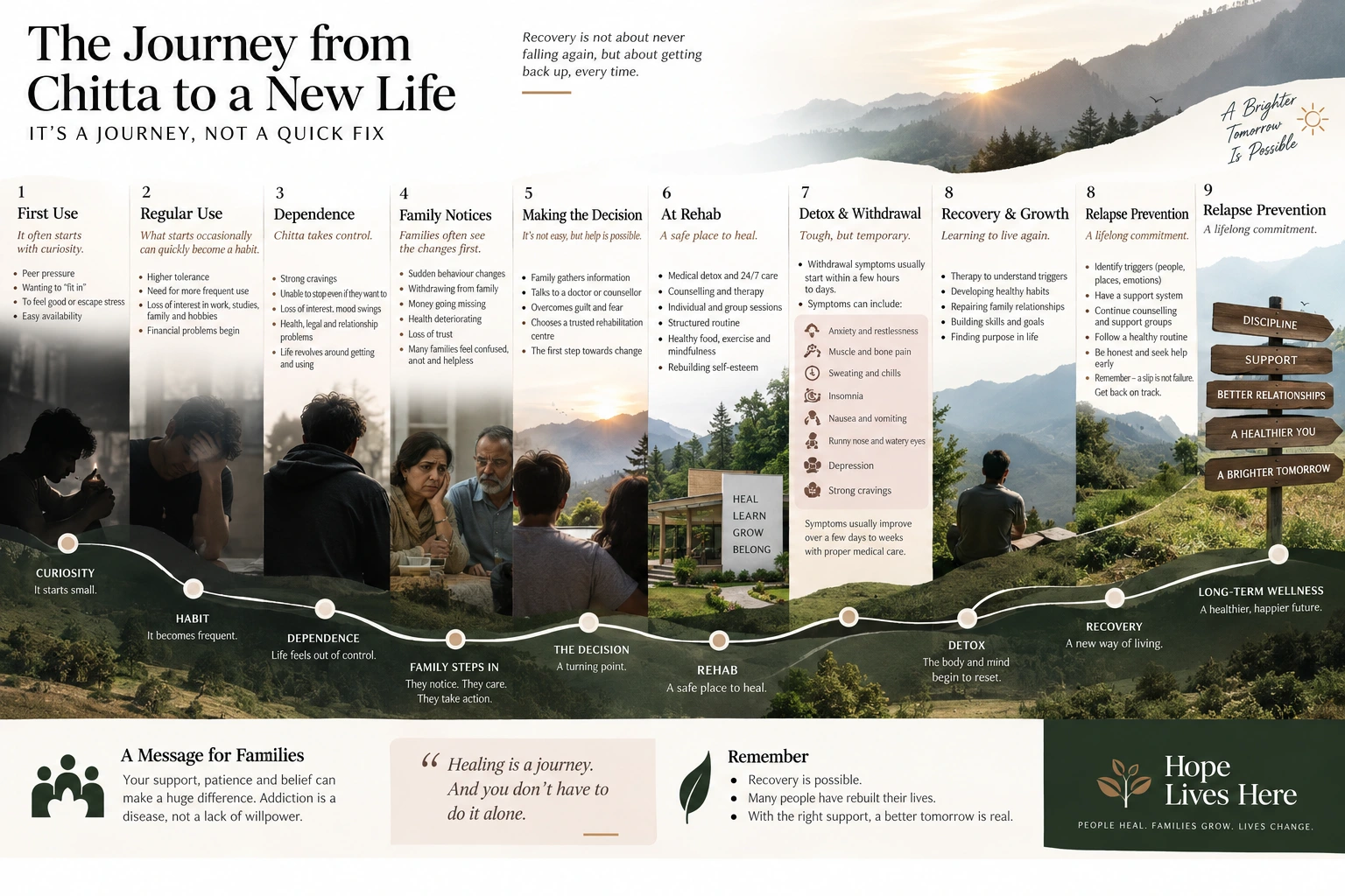 Infographic of the chitta addiction journey from first use and dependence to rehab at a nasha mukti kendra and relapse prevention