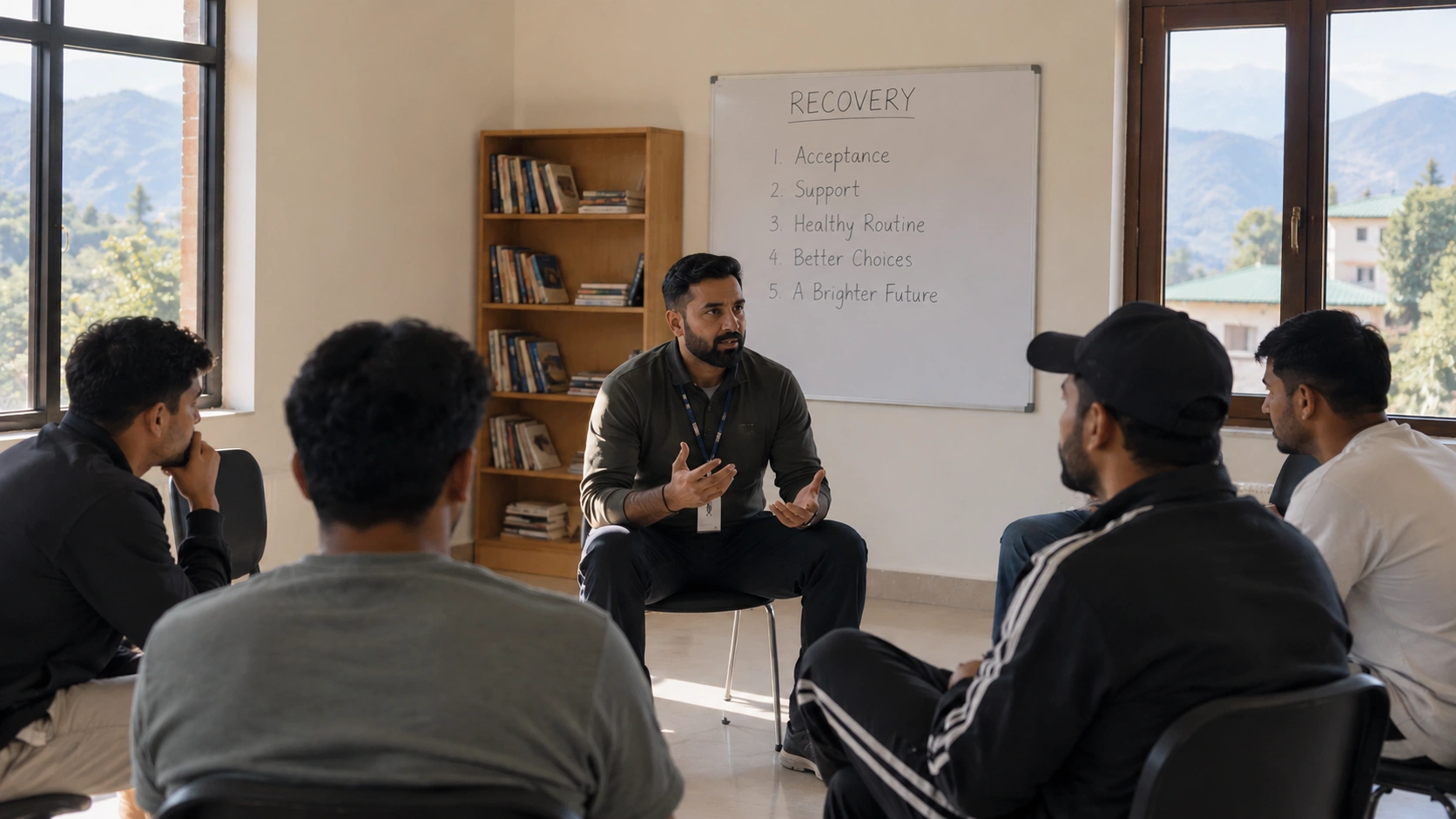 What happens in a rehab centre: a group therapy circle during the daily meeting at a nasha mukti kendra in Himachal Pradesh